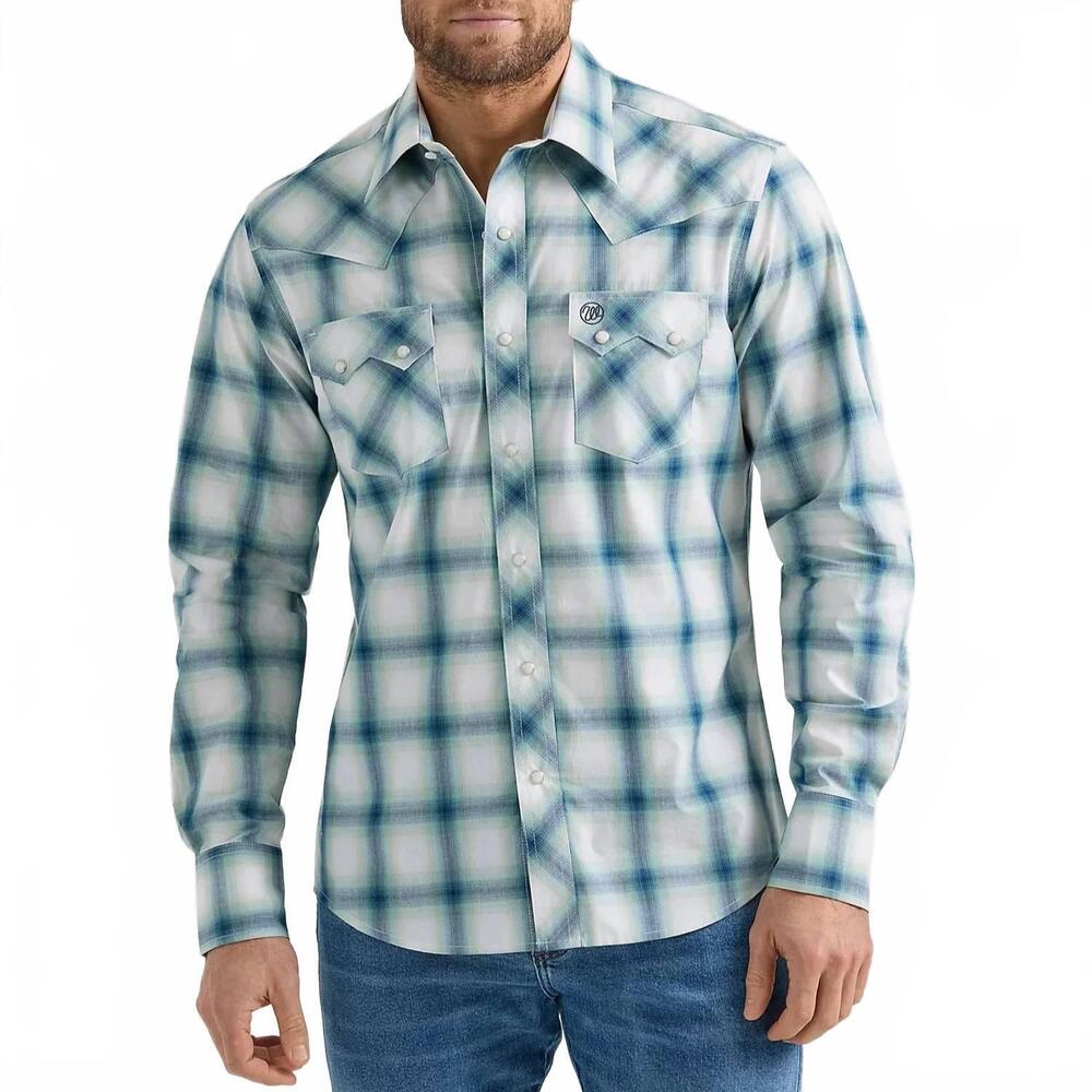 NEW WRANGLER sawtooth pocket plaid western snap shirt in teal blur